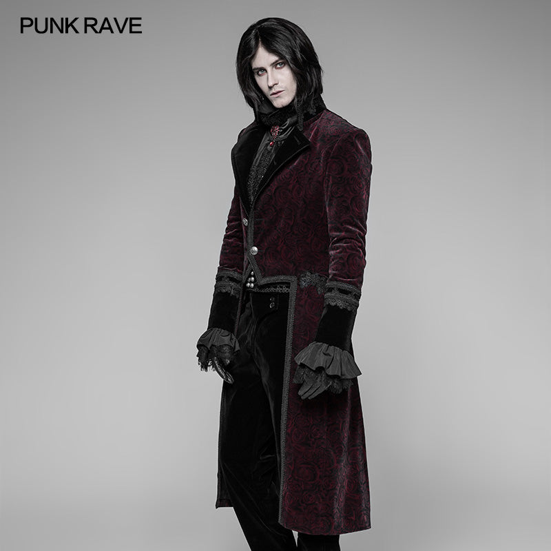 WY-942 Gothic Dark Rose Printed Velvet Swallowtail Coat Jacket