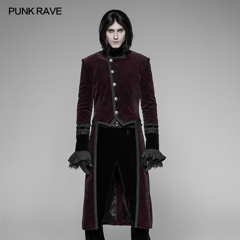 WY-942 Gothic Dark Rose Printed Velvet Swallowtail Coat Jacket