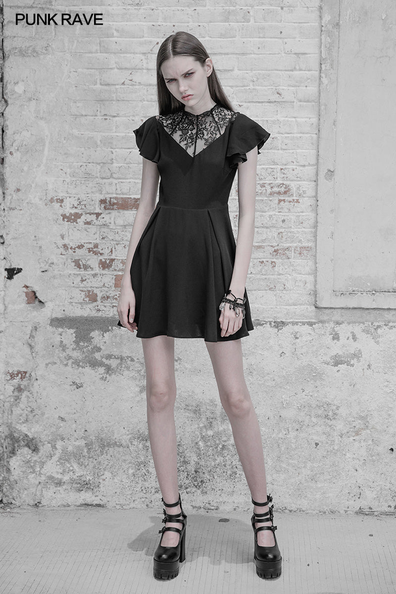 OPQ-333 Elegant Lace Stitching Chiffon V-collar Gothic Dress