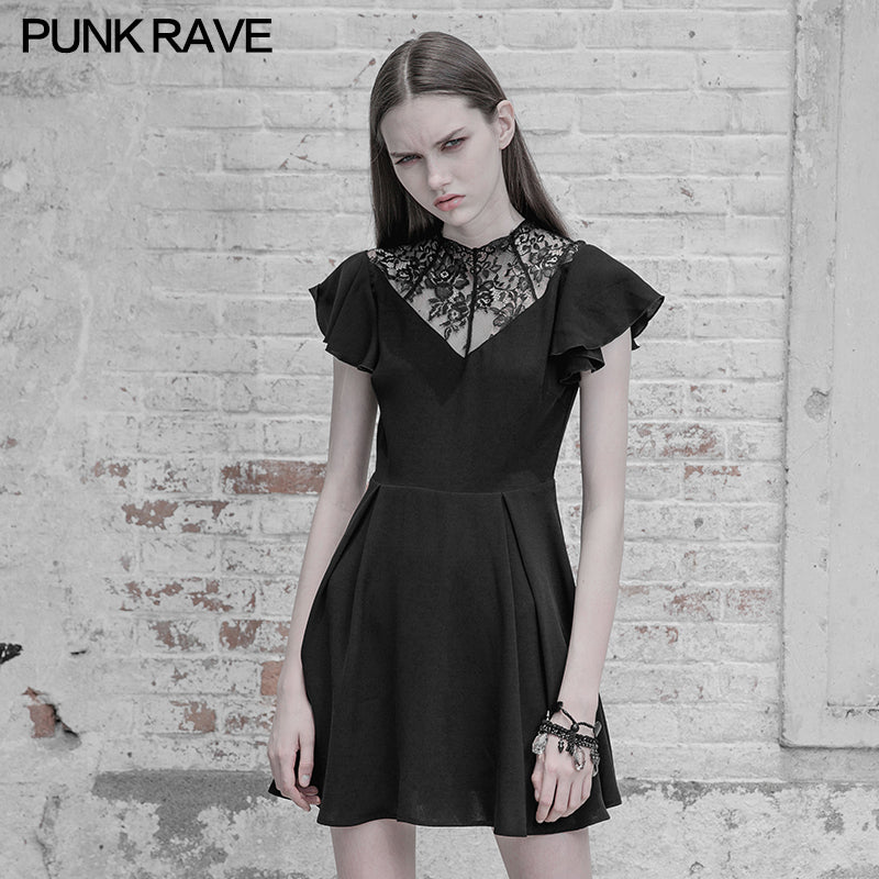 OPQ-333 Elegant Lace Stitching Chiffon V-collar Gothic Dress