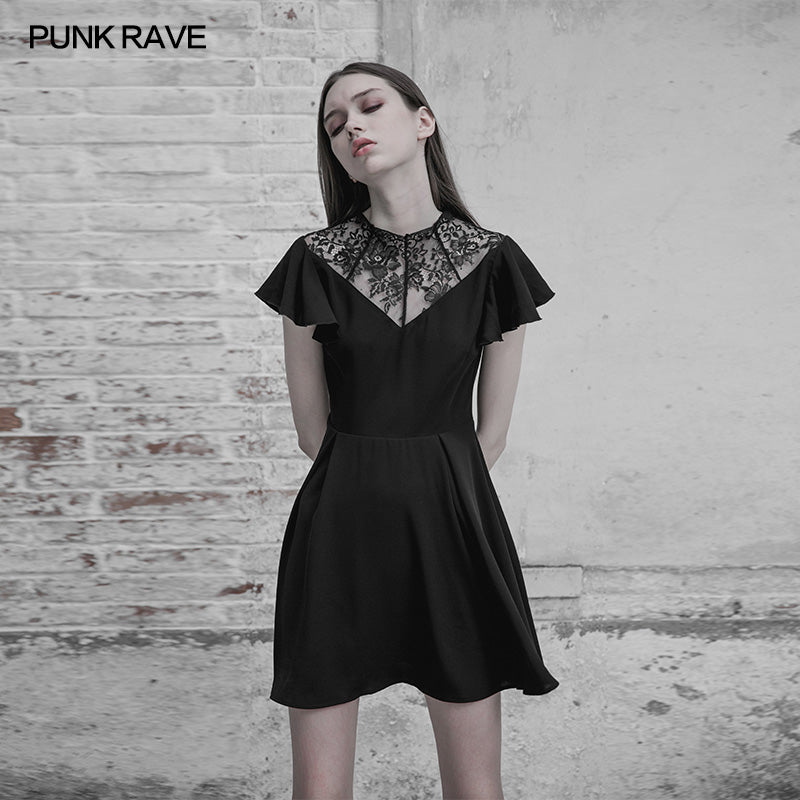 OPQ-333 Elegant Lace Stitching Chiffon V-collar Gothic Dress