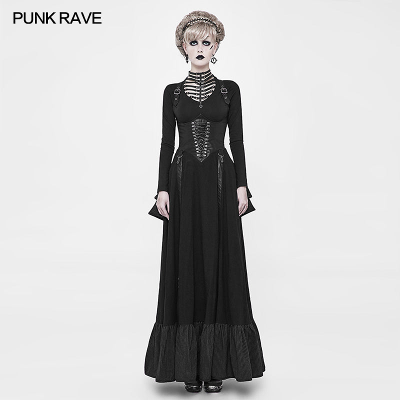 WQ-361 Victorian Steampunk Long Linen Lace Up Corset Suspender Dress