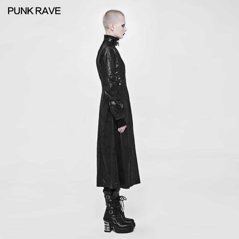 WY-896 Punk Darkness Stand-Collar Leather Long Coat For Women