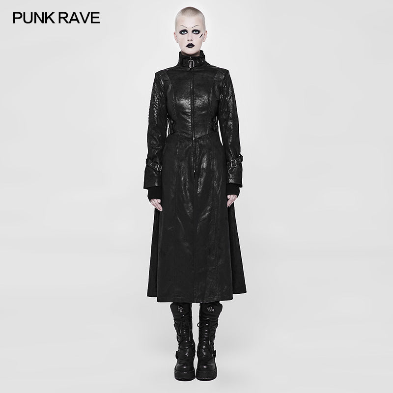 WY-896 Punk Darkness Stand-Collar Leather Long Coat For Women