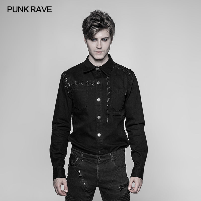 WY-939 Mens Punk Tie Rope Personality Shirt With Double Pocket