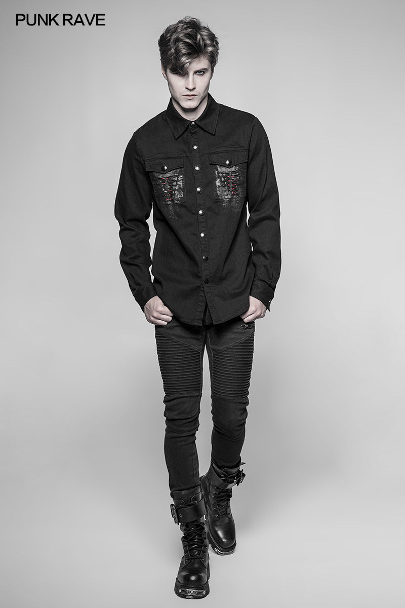 OY-946 Paladin Gothic Bloody Keel Denim Personality Shirt With Scratched Double Pockets