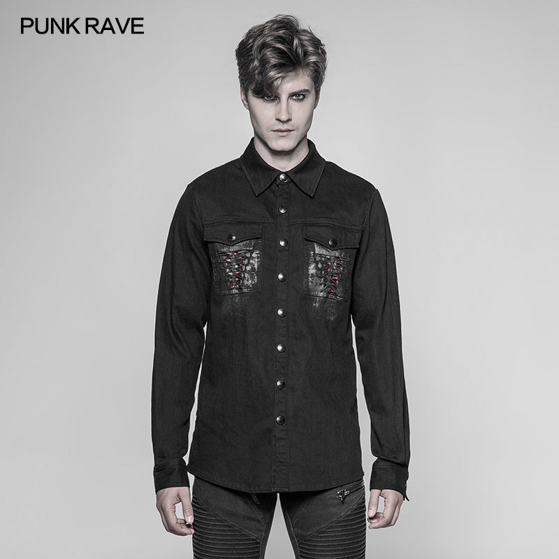 OY-946 Paladin Gothic Bloody Keel Denim Personality Shirt With Scratched Double Pockets