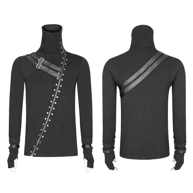 WT-527 Mens Punk Beveled Zipper Elastic Knitting T-shirt Dark Turtleneck Sweater