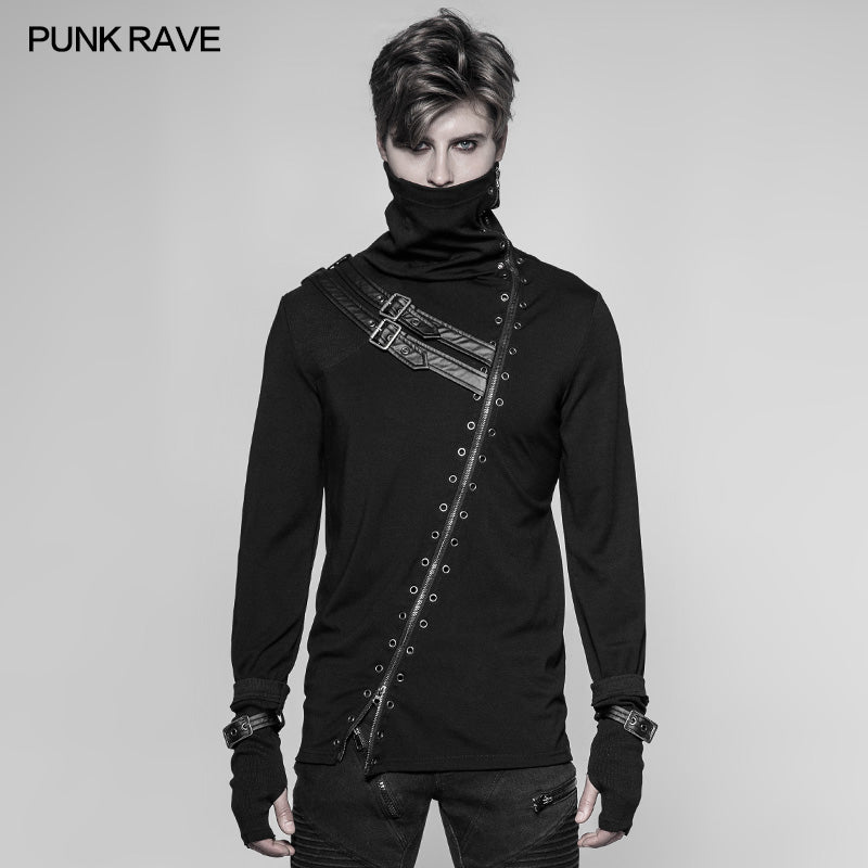 WT-527 Mens Punk Beveled Zipper Elastic Knitting T-shirt Dark Turtleneck Sweater