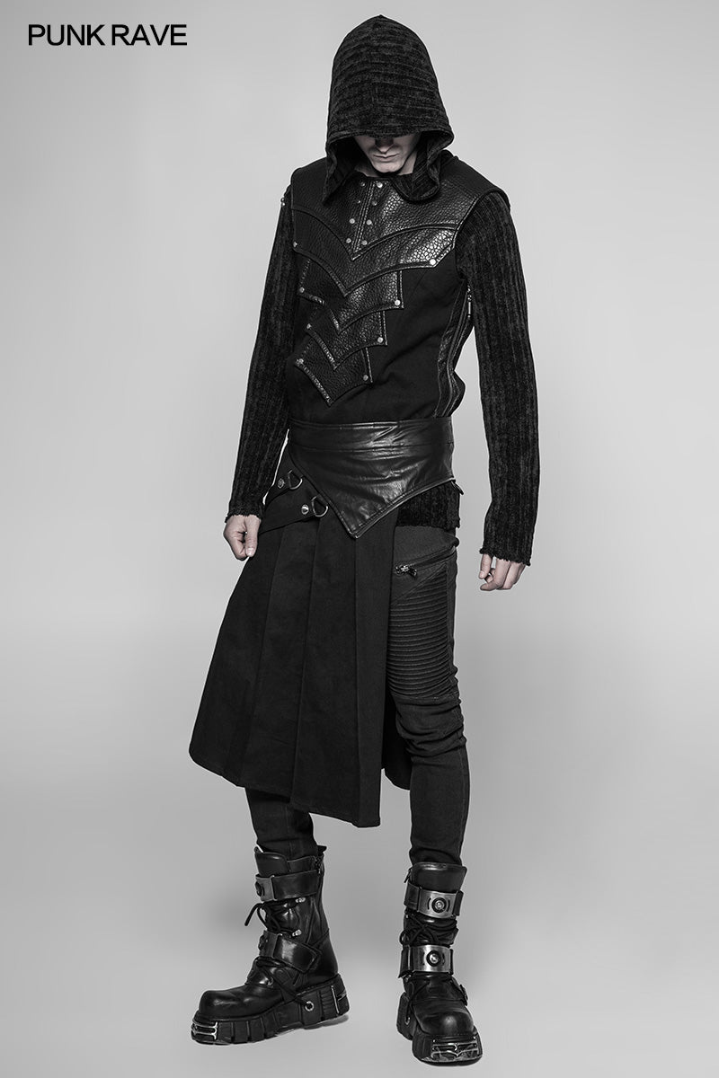 WQ-372 Mens Dark Punk Leather Splicing Personality Pleated Skirt