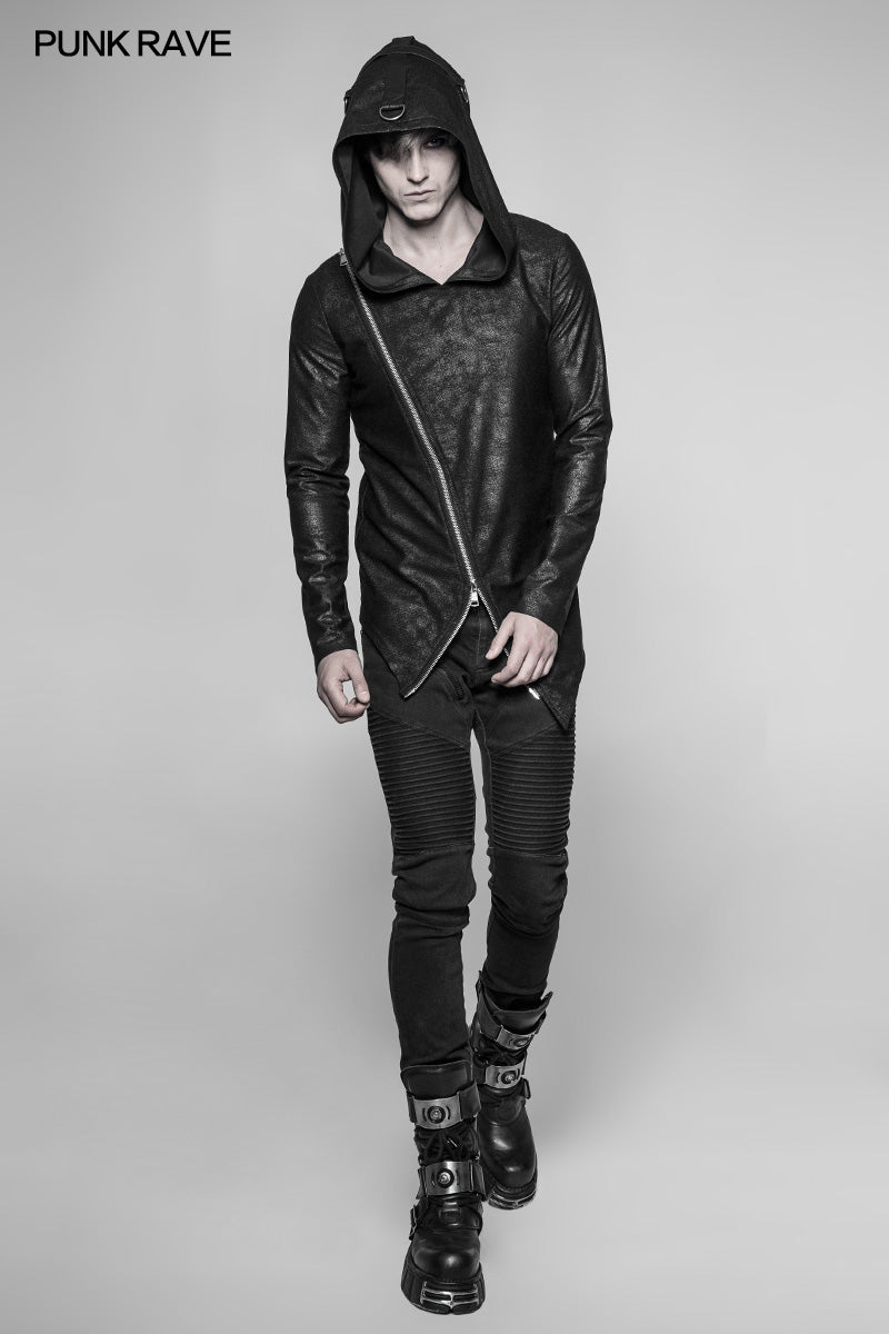 OT-532 Mens Dark Punk Personality Pullover Hoodie Beveled Zipper Hooded Knitting Sweater