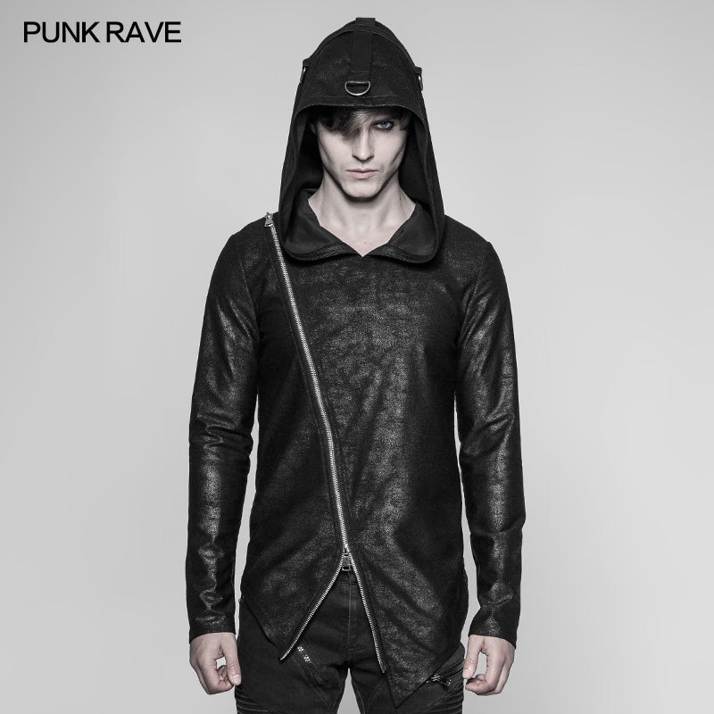 OT-532 Mens Dark Punk Personality Pullover Hoodie Beveled Zipper Hooded Knitting Sweater