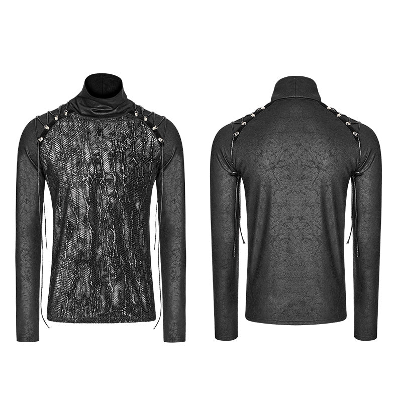 WT-531 Mens Diablo Punk Crack Printing Mesh Splicing T-Shirt With Half High Collar