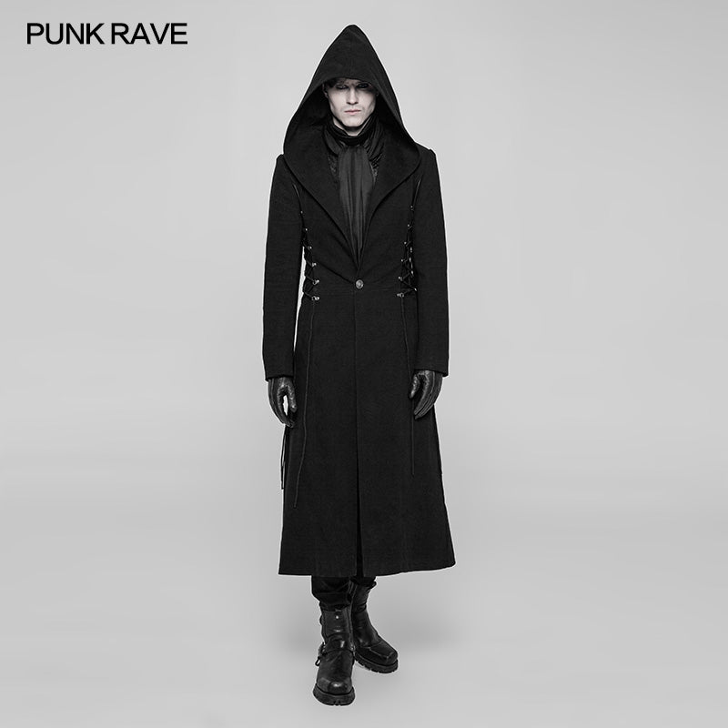 OY-927 Gothic Dark Side Wear Rope Woolen Hooded Coat Long Jacket