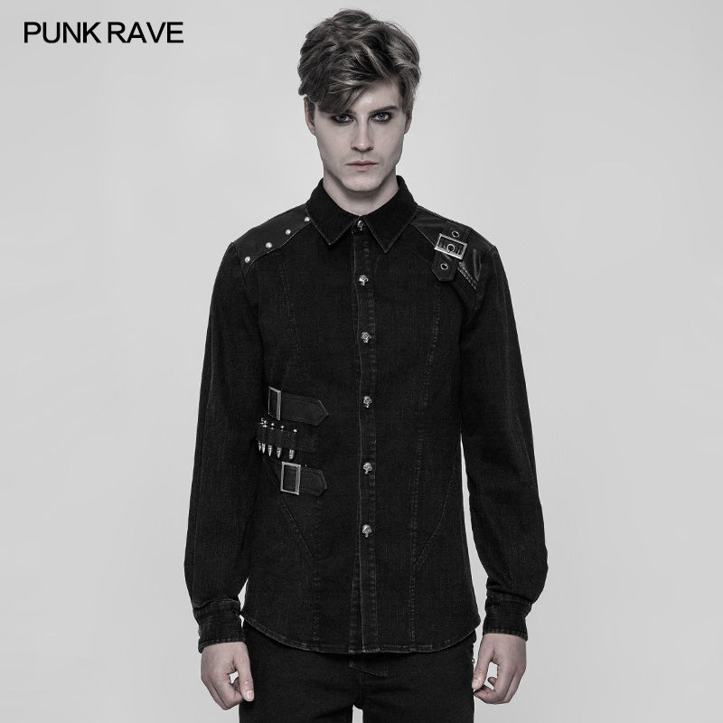 WY-906 Punk Uniform Style Fitted Denim Shirt For Men