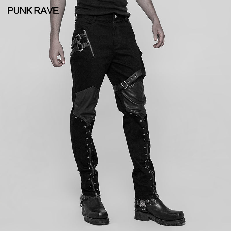 WK-338 Personality Zipper Pocket Punk Pants Leather Splicing Trousers For Men