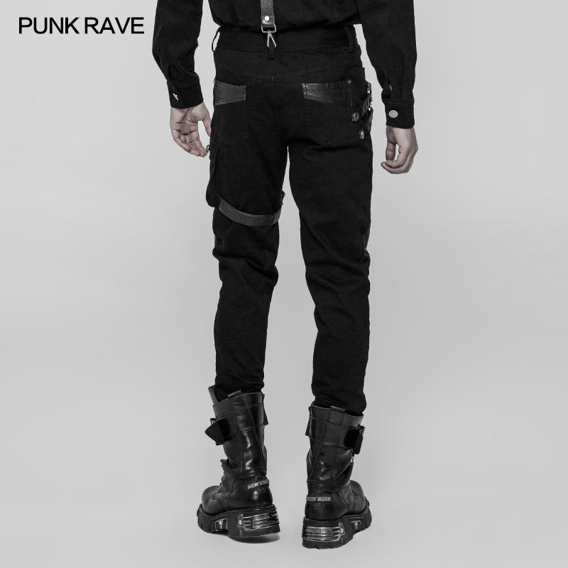 WK-338 Personality Zipper Pocket Punk Pants Leather Splicing Trousers For Men