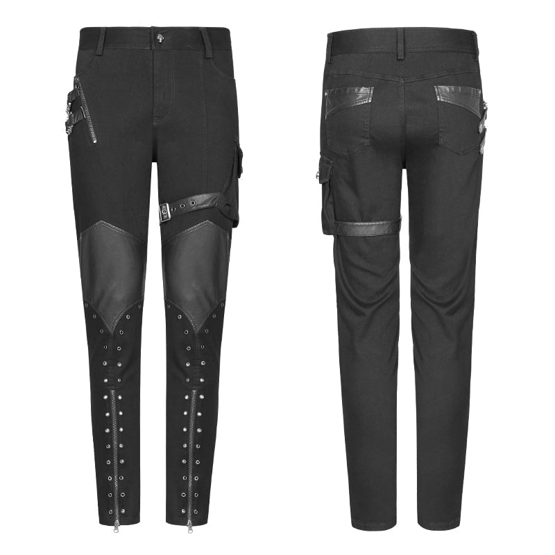 WK-338 Personality Zipper Pocket Punk Pants Leather Splicing Trousers For Men