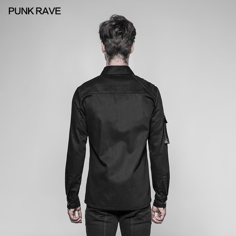 WY-928 Mens Punk Heavy Woven And Shiny Leather Splicing Long Sleeve Shirt