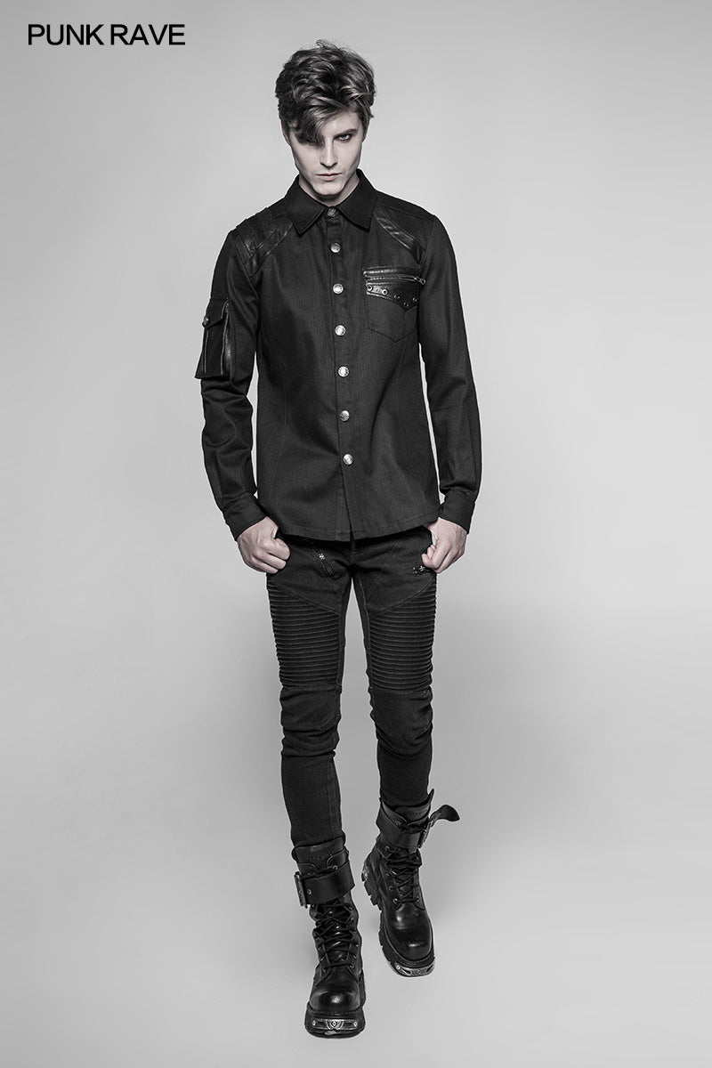 WY-928 Mens Punk Heavy Woven And Shiny Leather Splicing Long Sleeve Shirt