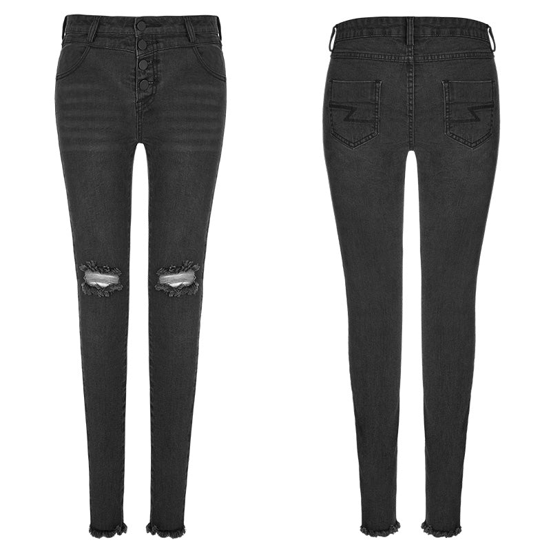 OPK-132 Womens black Knees Broken Holes Punk Jeans Super Slim Elastic Denim Trousers