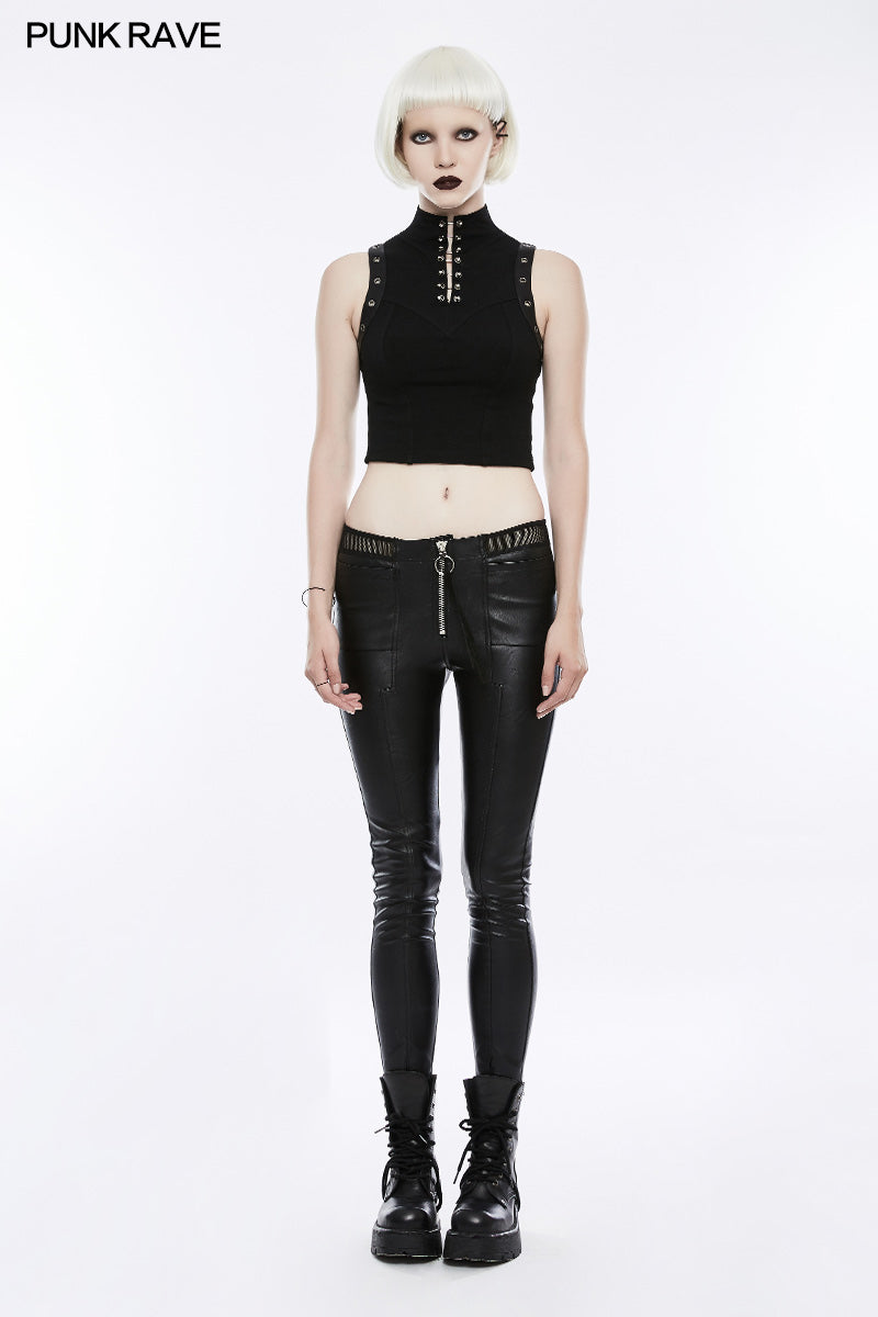 OPK-197 Womens black Elastic Leather Punk Trousers Personality Tights With Fishnet Lace On Waist