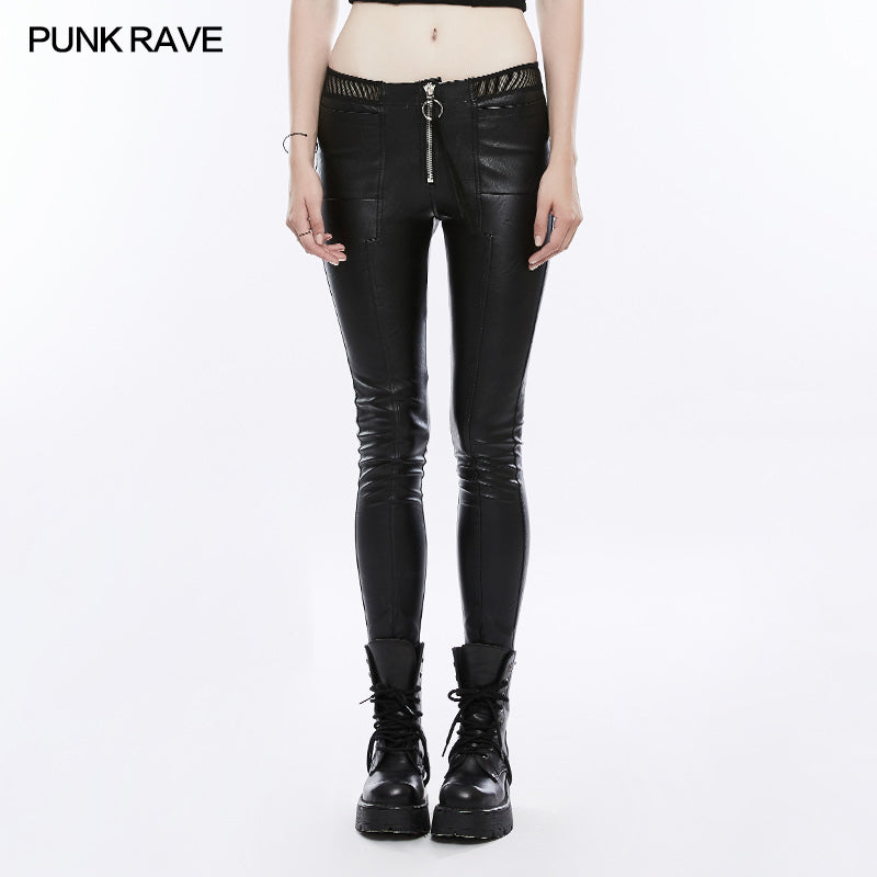 OPK-197 Womens black Elastic Leather Punk Trousers Personality Tights With Fishnet Lace On Waist