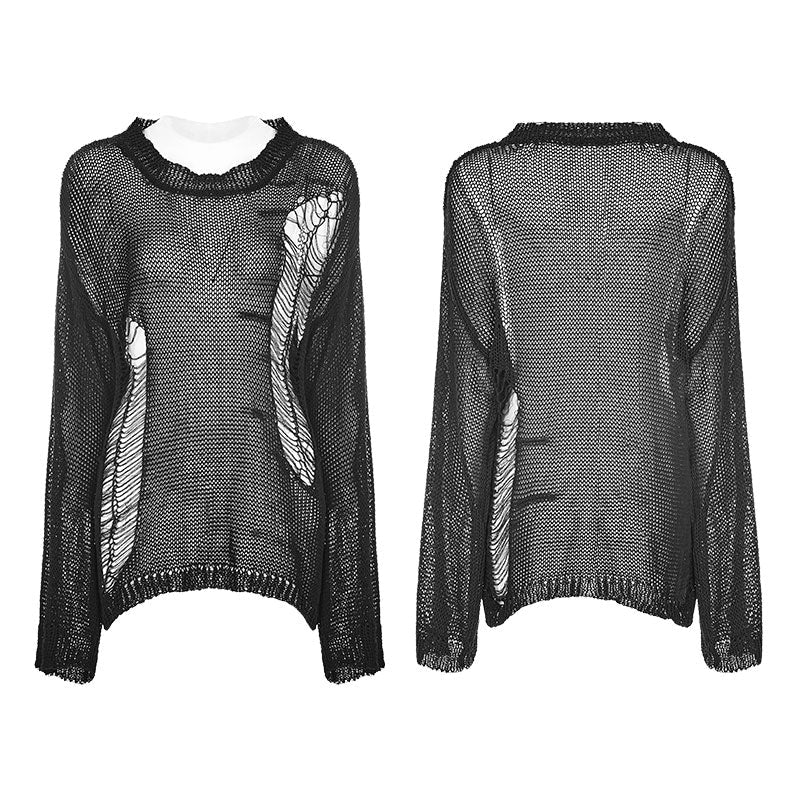 OPM-090 Loose Mesh Ripped Hole Tattered Distressed Knit Sweater Top