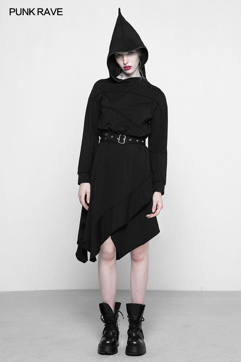 OPQ-297 Personality Punk Asymmetric Layered Knit Dresses With Wizard Hat