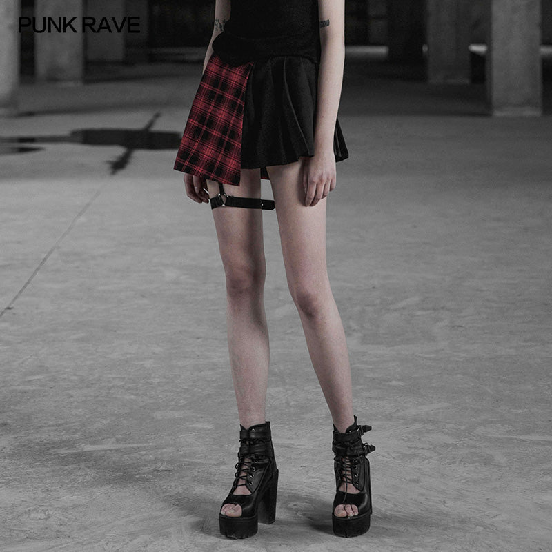 OPQ-322 Punk Asymmetrical black-Red Plaid Pleated Short Skirt For Women