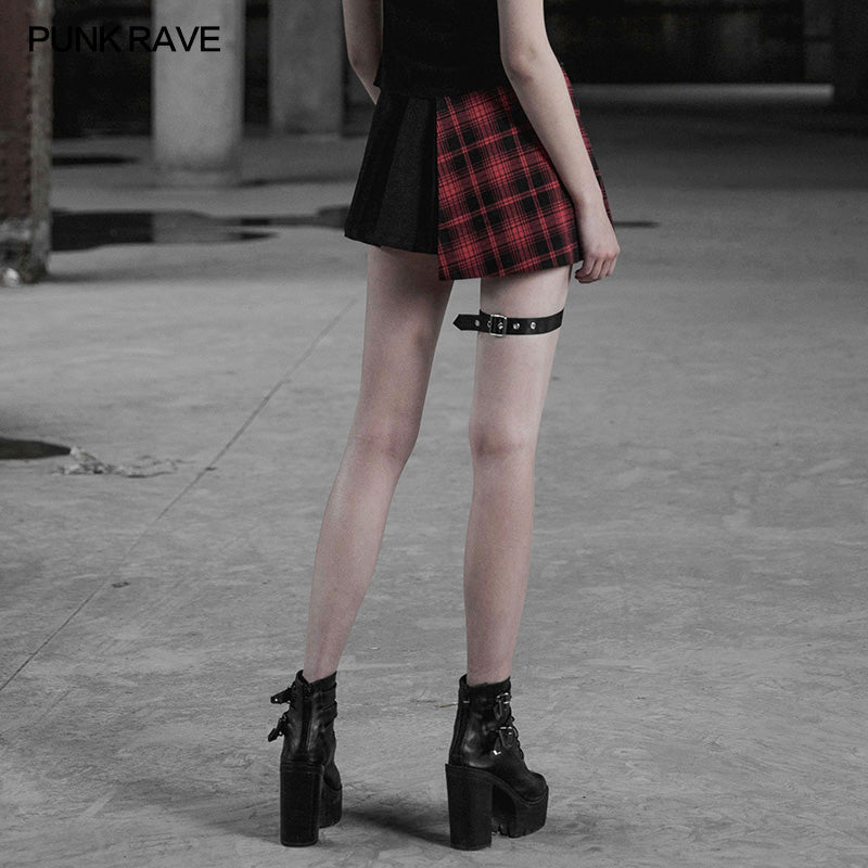 OPQ-322 Punk Asymmetrical black-Red Plaid Pleated Short Skirt For Women