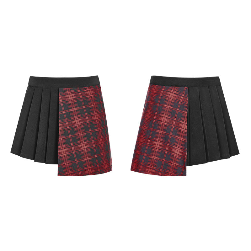 OPQ-322 Punk Asymmetrical black-Red Plaid Pleated Short Skirt For Women