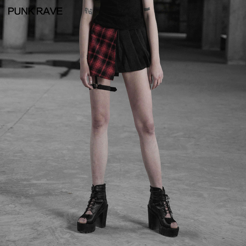 OPQ-322 Punk Asymmetrical black-Red Plaid Pleated Short Skirt For Women