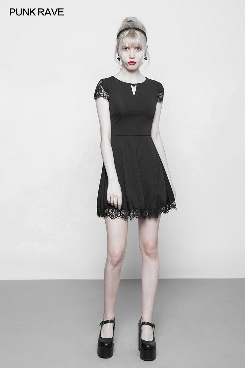 OPQ-349 Womens Hollow Out Lace Stitching V-collar Gothic Dress