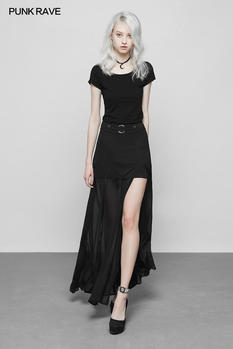 OPQ-357 Punk High Waist Chiffon Translucent Long Split Skirt