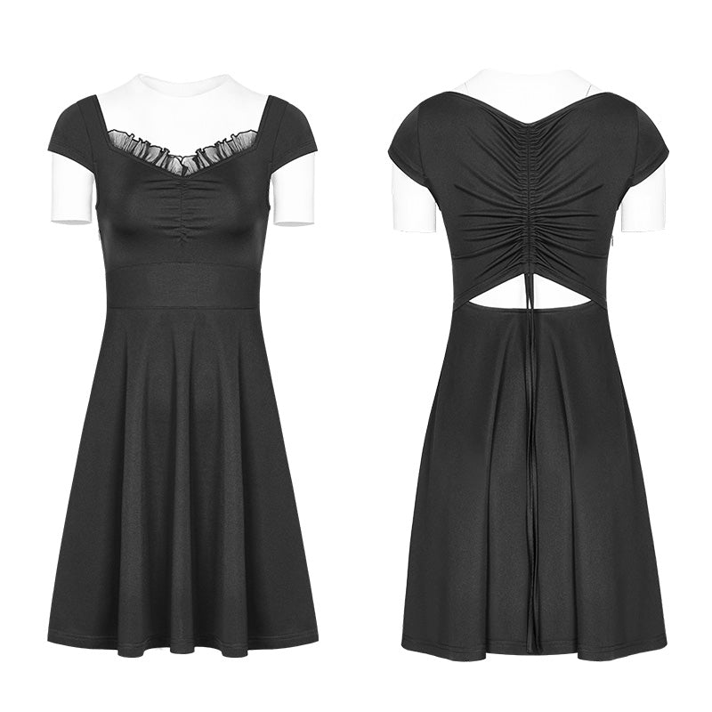 OPQ-360 Womens Lotus Leaf V-Collar Folding Back Drawstring black Halter Dress