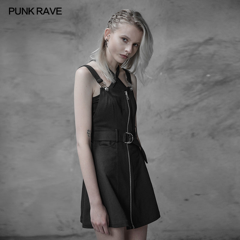 OPQ-397 Personality Punk Metal A Pendulum Denim Dress With Adjustable Shoulder Straps