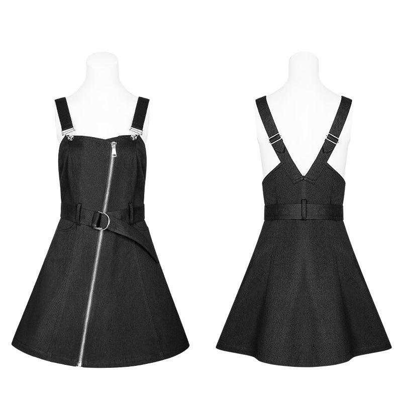 OPQ-397 Personality Punk Metal A Pendulum Denim Dress With Adjustable Shoulder Straps