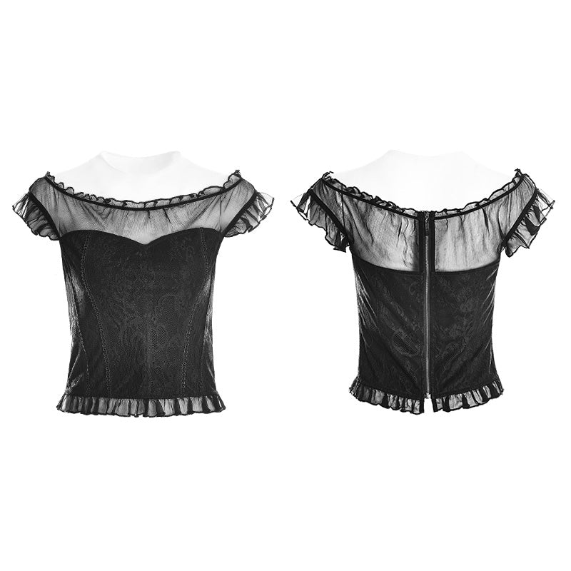 OPT-221 Soft Lace Imitate Silk Wrinkled Stitching Off Shoulder Tops Gothic T-shirt For Women