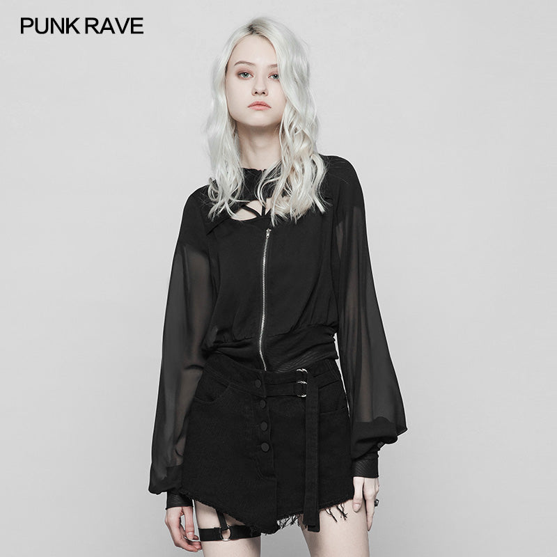 OPY-320 Dark Sexy V Collar Chiffon Mesh Stitching Short Punk Coat With Hood