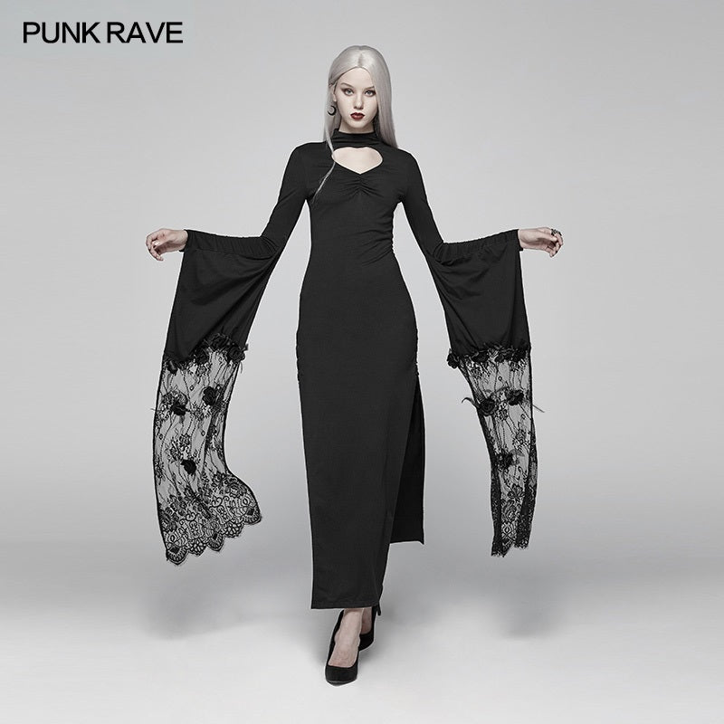 WQ-378 Sexy Gothic Drawstring Opening Fork Kimono Sleeve Maxi Dress