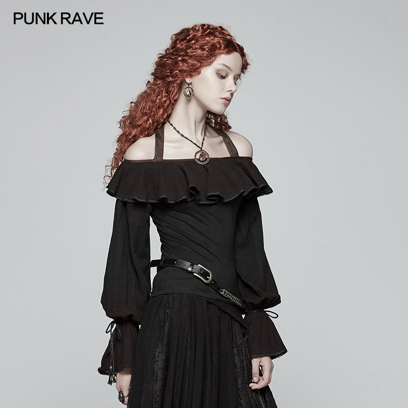 WT-546 Steampunk Halter Neck Off-the-shoulder Long Sleeve T-shirt