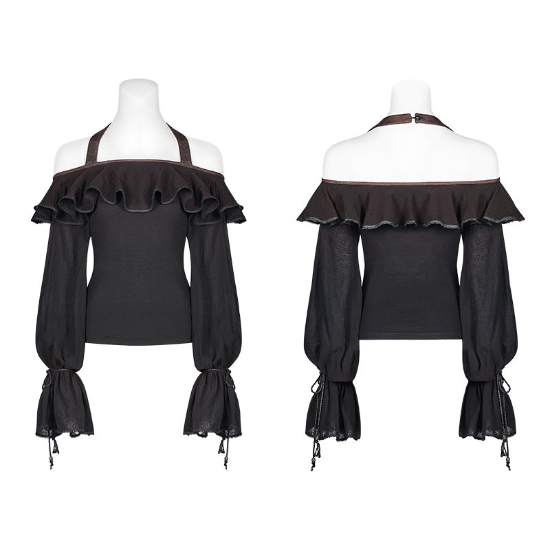 WT-546 Steampunk Halter Neck Off-the-shoulder Long Sleeve T-shirt