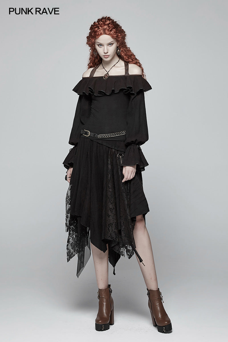 WT-546 Steampunk Halter Neck Off-the-shoulder Long Sleeve T-shirt