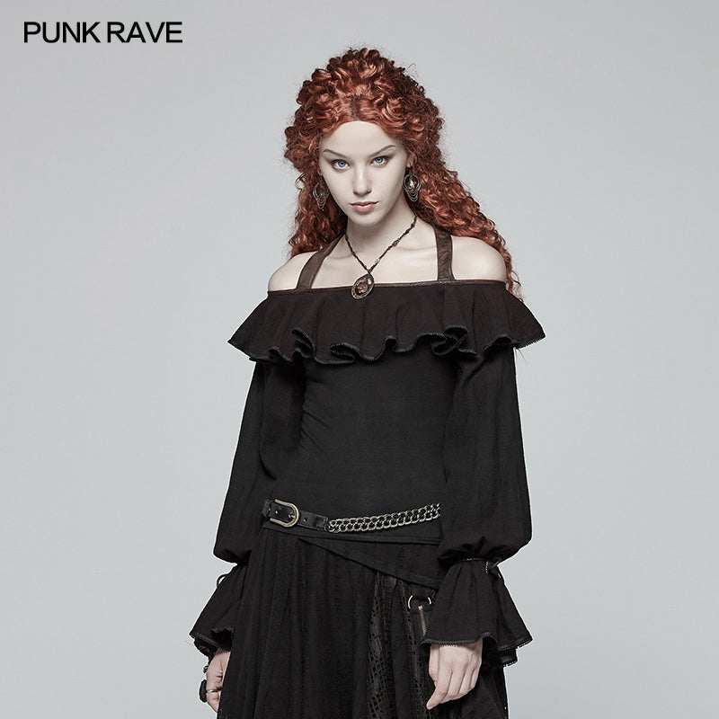 WT-546 Steampunk Halter Neck Off-the-shoulder Long Sleeve T-shirt