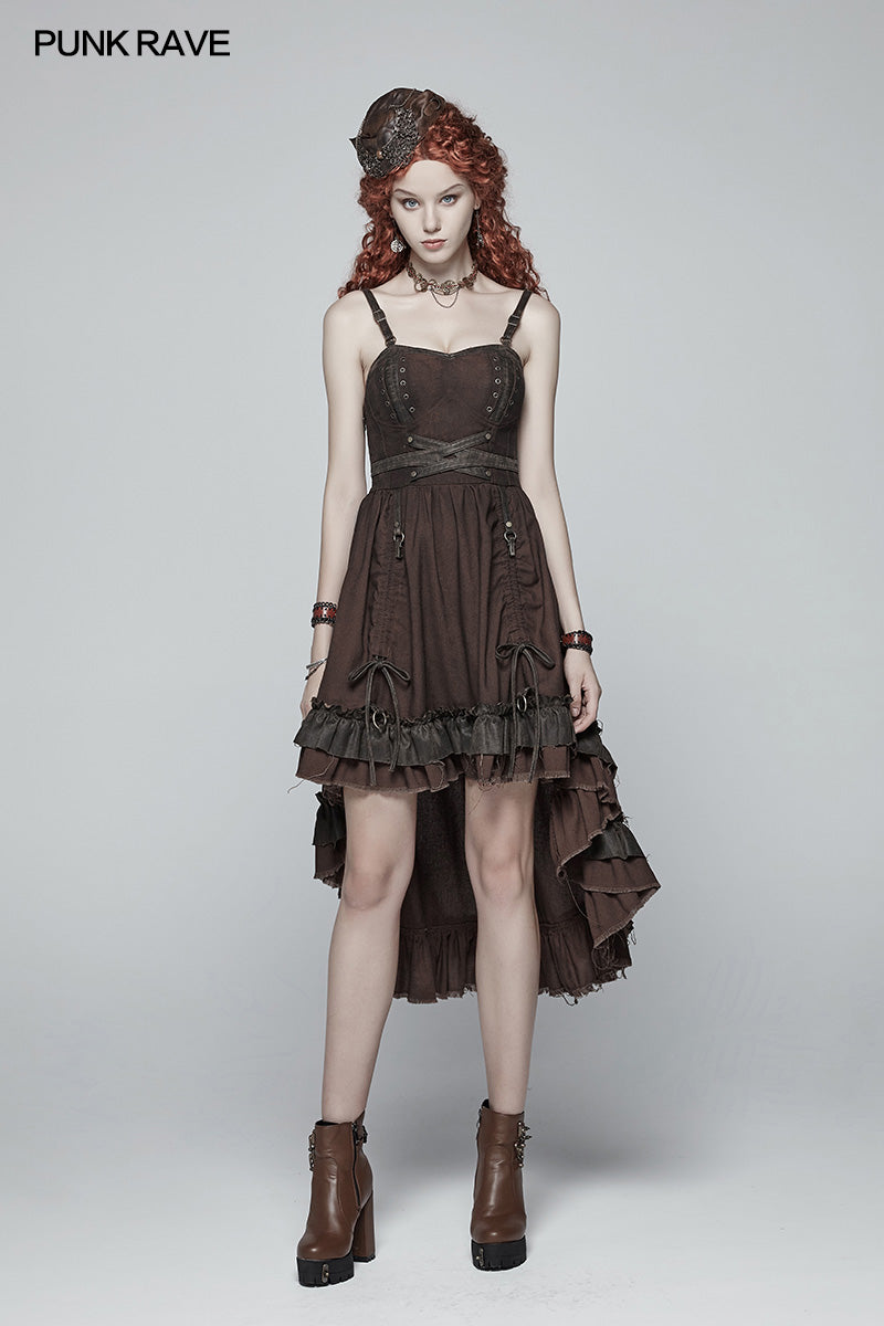 WQ-390 Steampunk Pleated Two-Layer Ruffled Hem High-Low Dress