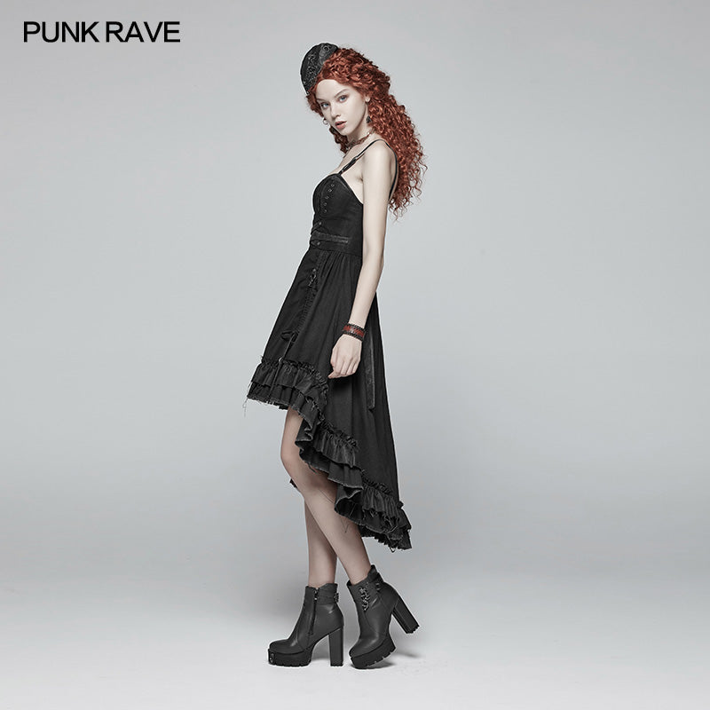 WQ-390 Steampunk Pleated Two-Layer Ruffled Hem High-Low Dress