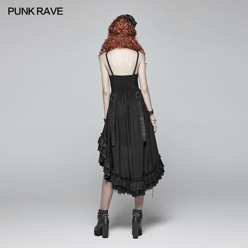 WQ-390 Steampunk Pleated Two-Layer Ruffled Hem High-Low Dress