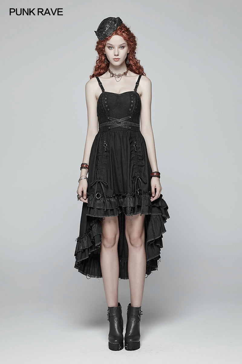 WQ-390 Steampunk Pleated Two-Layer Ruffled Hem High-Low Dress