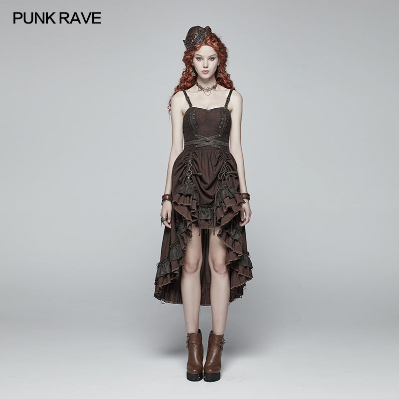 WQ-390 Steampunk Pleated Two-Layer Ruffled Hem High-Low Dress